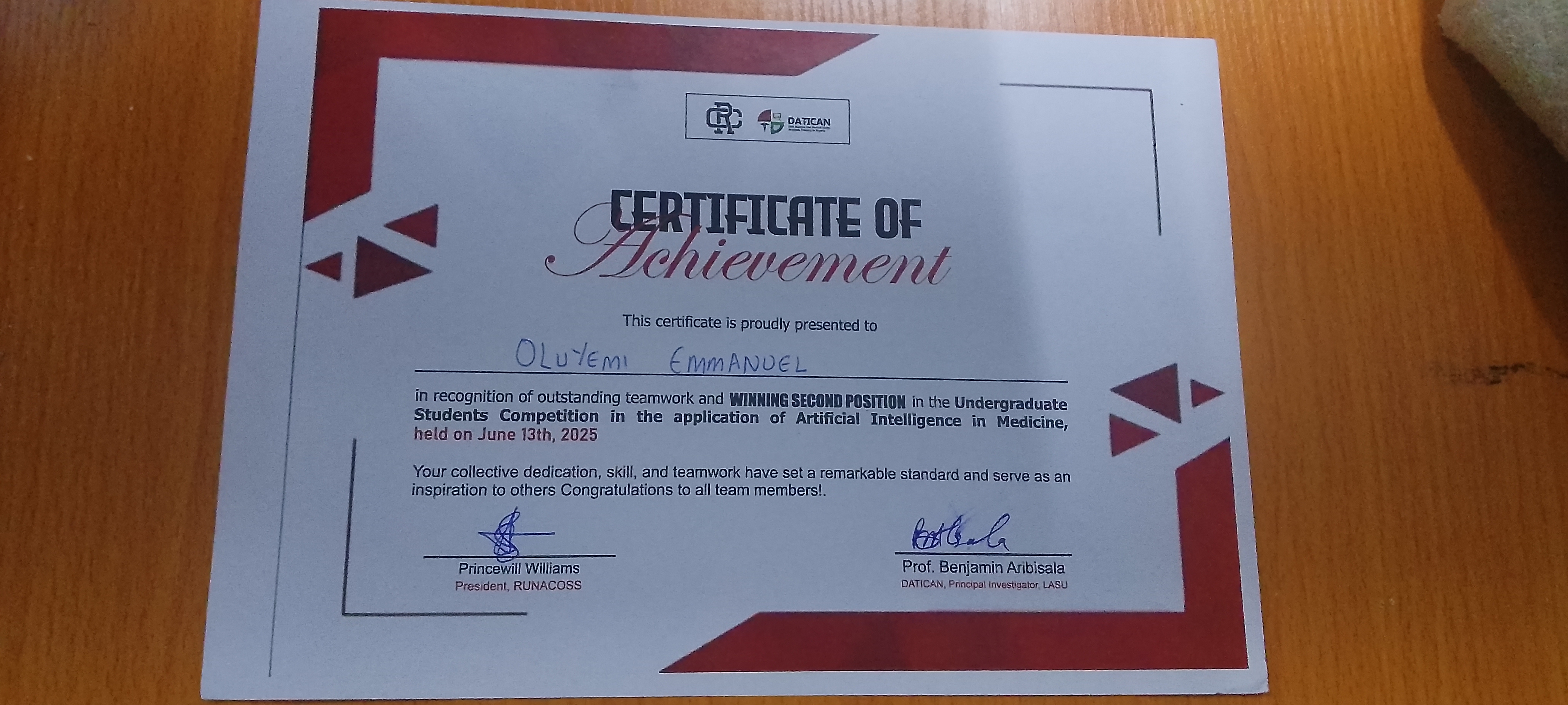 Datican 2025 Winner Certificate
